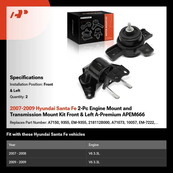 2007-2009 Hyundai Santa Fe 2-Pc Engine Mount and Transmission Mount Kit Front & Left A-Premium APEM666