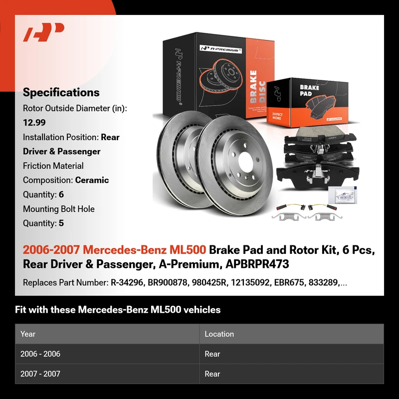 2006-2007 Mercedes-Benz ML500 Brake Pad and Rotor Kit, 6 Pcs, Rear Driver & Passenger, A-Premium, APBRPR473
