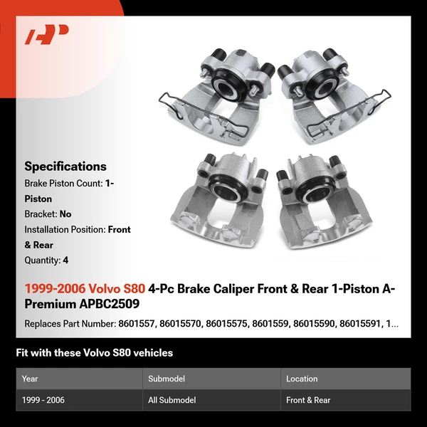 1999-2006 Volvo S80 4-Pc Brake Caliper Front & Rear 1-Piston A-Premium APBC2509