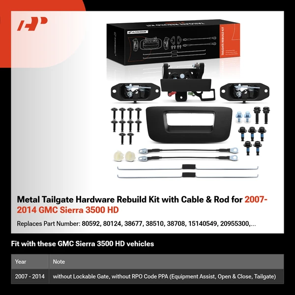 Metal Tailgate Hardware Rebuild Kit with Cable & Rod for 2007-2014 GMC Sierra 3500 HD