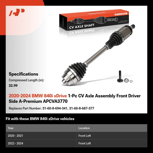 2020-2024 BMW 840i xDrive 1-Pc CV Axle Assembly Front Driver Side A-Premium APCVA3770