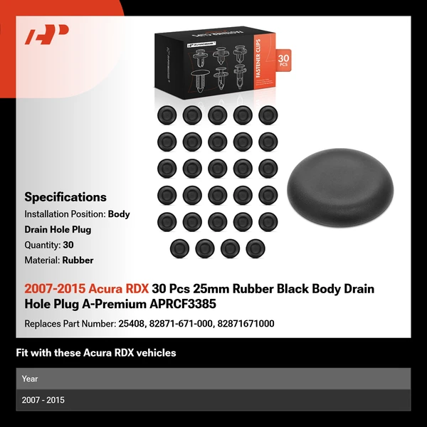 2007-2015 Acura RDX 30 Pcs 25mm Rubber Black Body Drain Hole Plug A-Premium APRCF3385