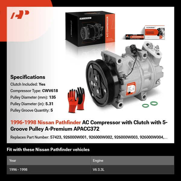 1996-1998 Nissan Pathfinder AC Compressor with Clutch with 5-Groove Pulley A-Premium APACC372