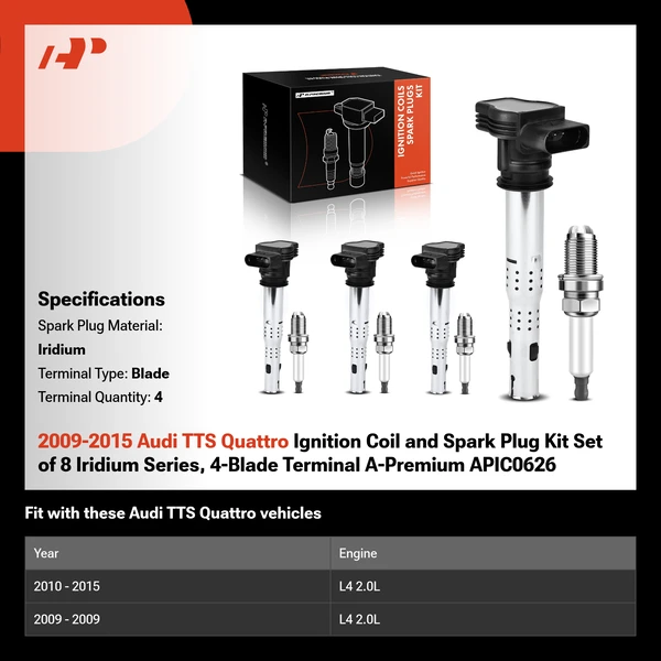 2009-2015 Audi TTS Quattro Ignition Coil and Spark Plug Kit Set of 8 Iridium Series, 4-Blade Terminal A-Premium APIC0626