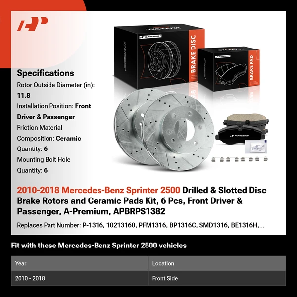2010-2018 Mercedes-Benz Sprinter 2500 Drilled & Slotted Disc Brake Rotors and Ceramic Pads Kit, 6 Pcs, Front Driver & Passenger, A-Premium, APBRPS1382