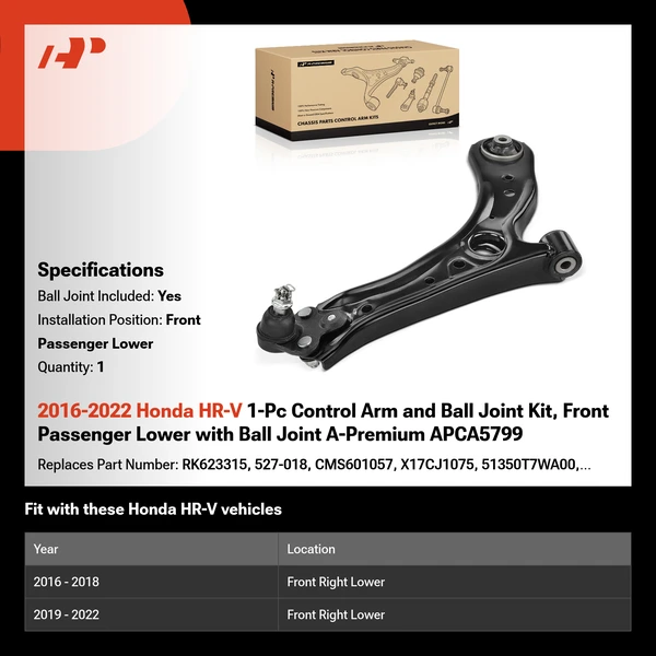 2016-2022 Honda HR-V 1-Pc Control Arm and Ball Joint Kit, Front Passenger Lower with Ball Joint A-Premium APCA5799