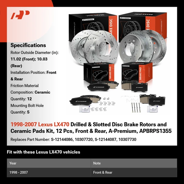 1998-2007 Lexus LX470 Drilled & Slotted Disc Brake Rotors and Ceramic Pads Kit, 12 Pcs, Front & Rear, A-Premium, APBRPS1355