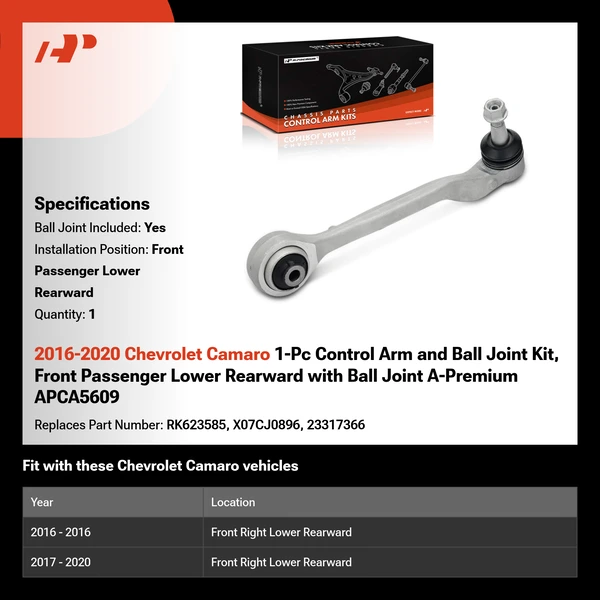2016-2020 Chevrolet Camaro 1-Pc Control Arm and Ball Joint Kit, Front Passenger Lower Rearward with Ball Joint A-Premium APCA5609