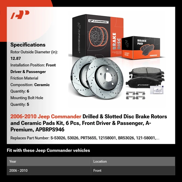 2006-2010 Jeep Commander Drilled & Slotted Disc Brake Rotors and Ceramic Pads Kit, 6 Pcs, Front Driver & Passenger, A-Premium, APBRPS946