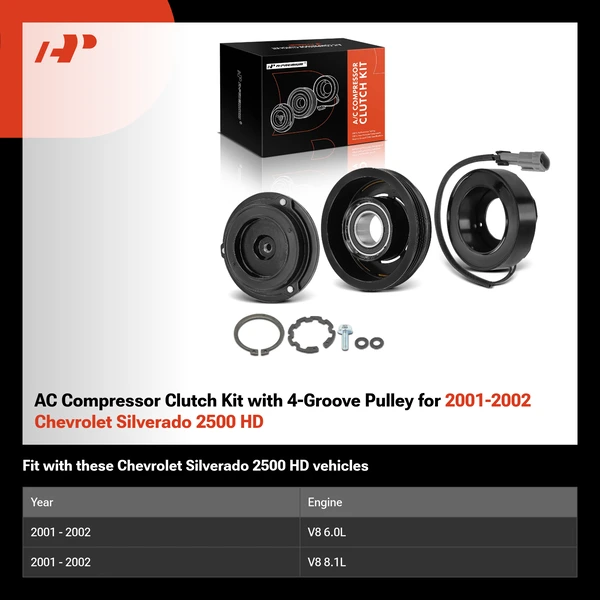 AC Compressor Clutch Kit with 4-Groove Pulley for 2001-2002 Chevrolet Silverado 2500 HD