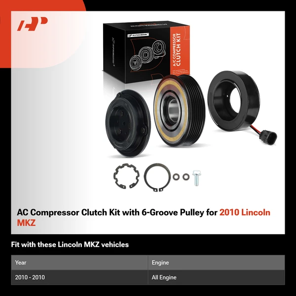 AC Compressor Clutch Kit with 6-Groove Pulley for 2010 Lincoln MKZ