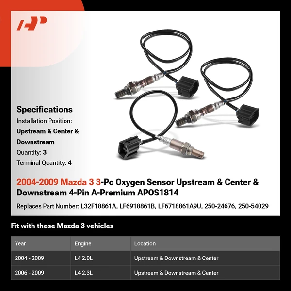 2004-2009 Mazda 3 3-Pc Oxygen Sensor Upstream & Center & Downstream 4-Pin A-Premium APOS1814