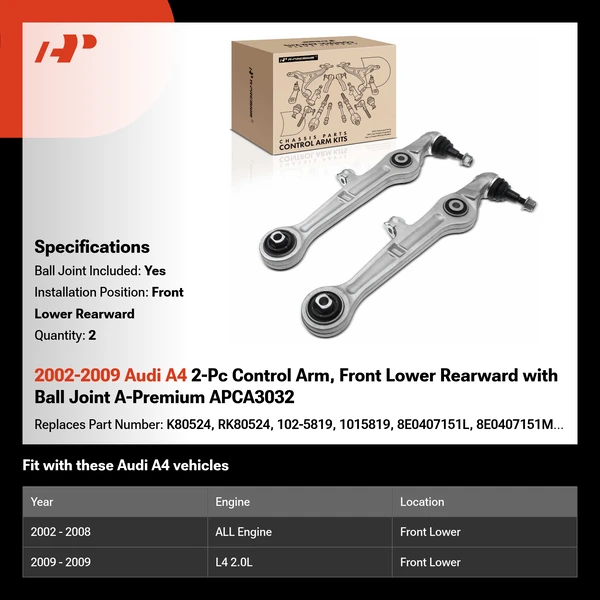 2002-2009 Audi A4 2-Pc Control Arm, Front Lower Rearward with Ball Joint A-Premium APCA3032