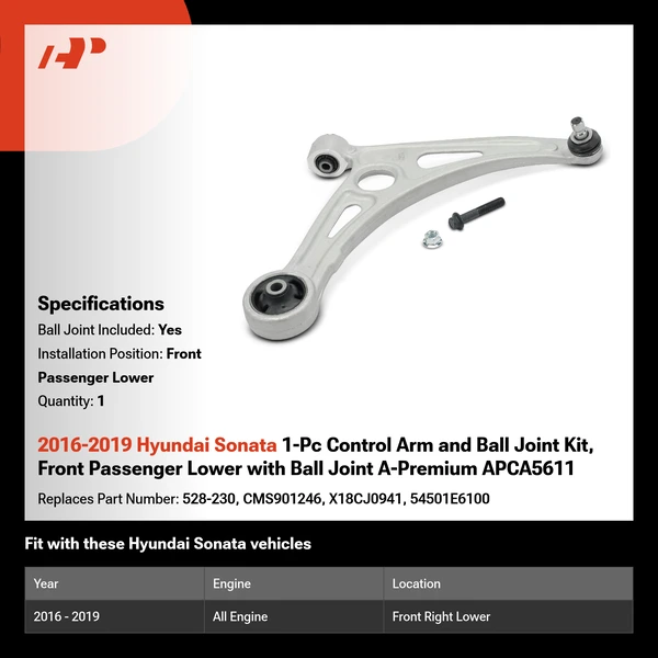 2016-2019 Hyundai Sonata 1-Pc Control Arm and Ball Joint Kit, Front Passenger Lower with Ball Joint A-Premium APCA5611