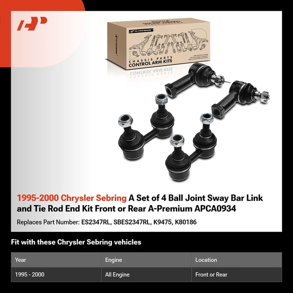 1995-2000 Chrysler Sebring A Set of 4 Ball Joint Sway Bar Link and Tie Rod End Kit Front or Rear A-Premium APCA0934