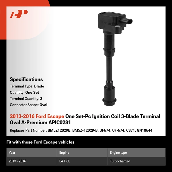 2013-2016 Ford Escape One Set-Pc Ignition Coil 3-Blade Terminal Oval A-Premium APIC0281