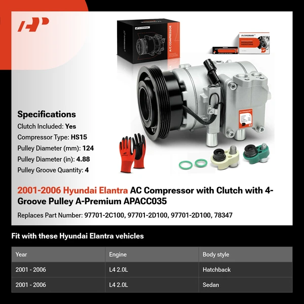 2001-2006 Hyundai Elantra AC Compressor with Clutch with 4-Groove Pulley A-Premium APACC035