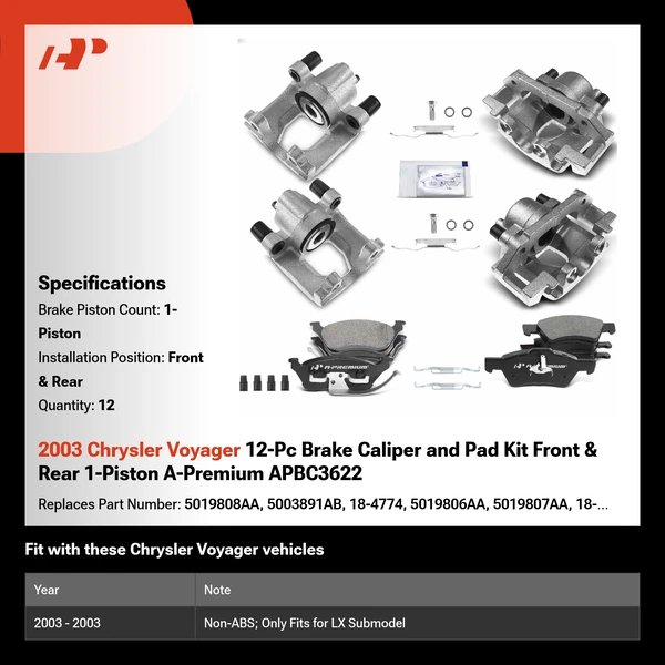 2003 Chrysler Voyager 12-Pc Brake Caliper and Pad Kit Front & Rear 1-Piston A-Premium APBC3622