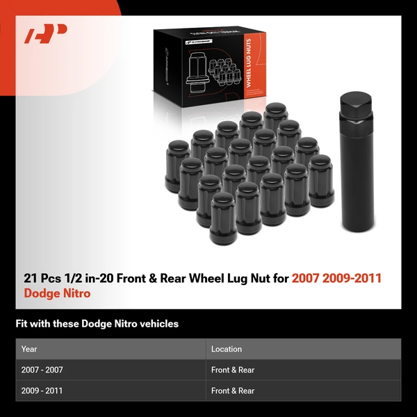 21 Pcs 1/2 in-20 Front & Rear Wheel Lug Nut for 2007 2009-2011 Dodge Nitro