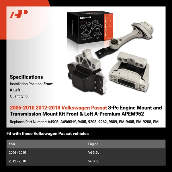 2006-2010 2012-2018 Volkswagen Passat 3-Pc Engine Mount and Transmission Mount Kit Front & Left A-Premium APEM952