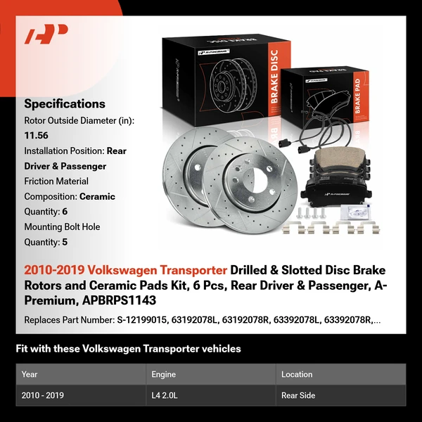 2010-2019 Volkswagen Transporter Drilled & Slotted Disc Brake Rotors and Ceramic Pads Kit, 6 Pcs, Rear Driver & Passenger, A-Premium, APBRPS1143