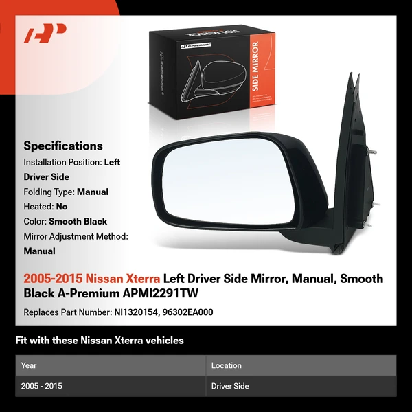2005-2015 Nissan Xterra Left Driver Side Mirror, Manual, Smooth Black A-Premium APMI2291TW
