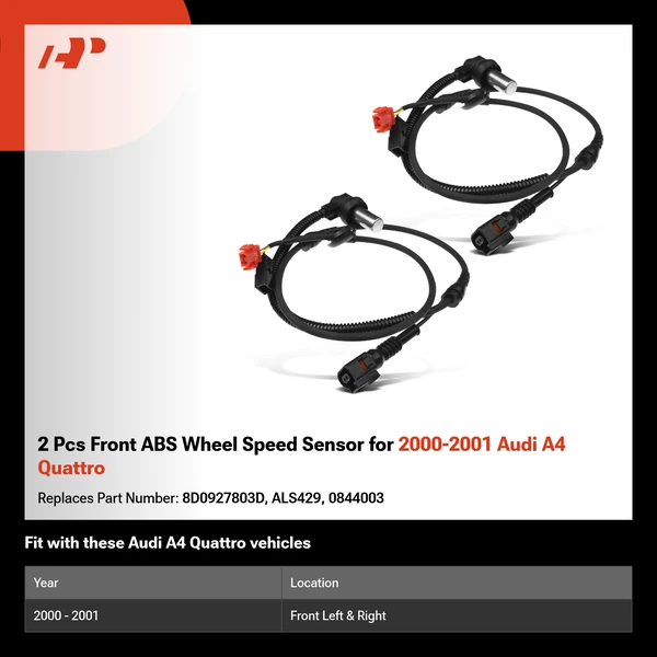 2 Pcs Front ABS Wheel Speed Sensor for 2000-2001 Audi A4 Quattro