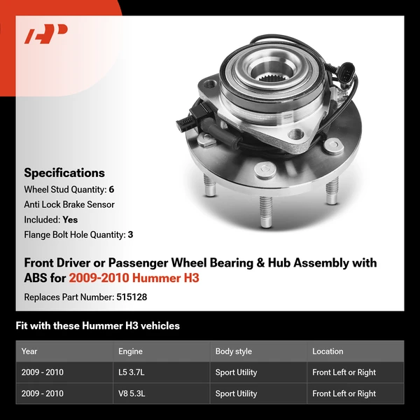 Front Driver or Passenger Wheel Bearing & Hub Assembly with ABS for 2009-2010 Hummer H3