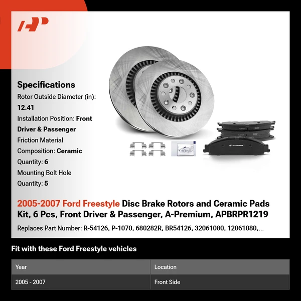 2005-2007 Ford Freestyle Disc Brake Rotors and Ceramic Pads Kit, 6 Pcs, Front Driver & Passenger, A-Premium, APBRPR1219