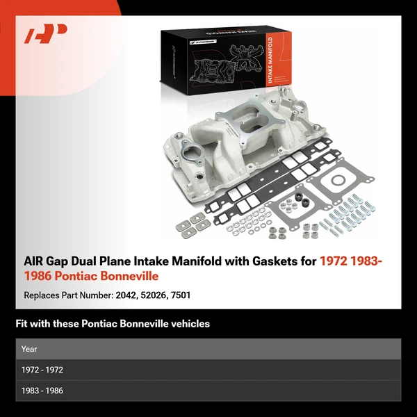 AIR Gap Dual Plane Intake Manifold with Gaskets for 1972 1983-1986 Pontiac Bonneville