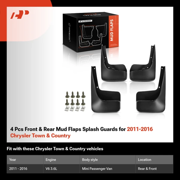 4 Pcs Front & Rear Mud Flaps Splash Guards for 2011-2016 Chrysler Town & Country