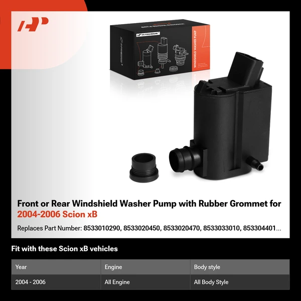 Front or Rear Windshield Washer Pump with Rubber Grommet for 2004-2006 Scion xB
