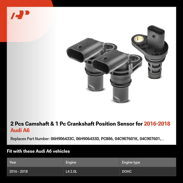 2 Pcs Camshaft & 1 Pc Crankshaft Position Sensor for 2016-2018 Audi A6