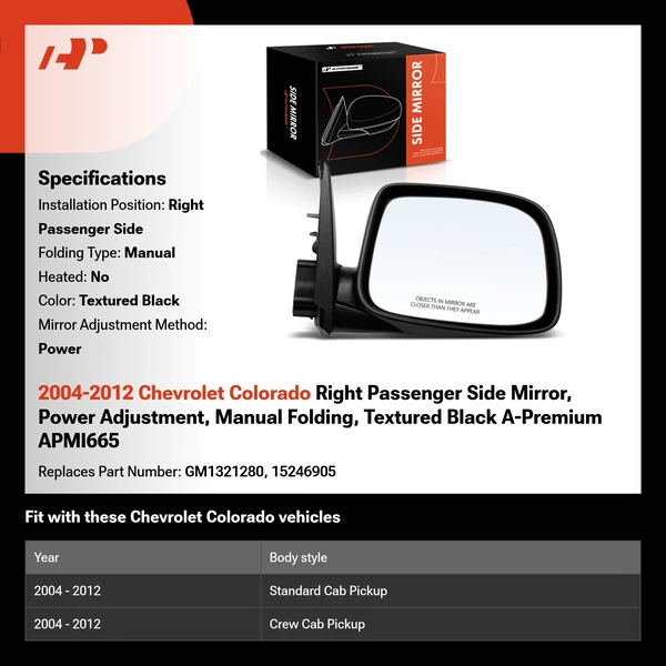 2004-2012 Chevrolet Colorado Right Passenger Side Mirror, Power Adjustment, Manual Folding, Textured Black A-Premium APMI665