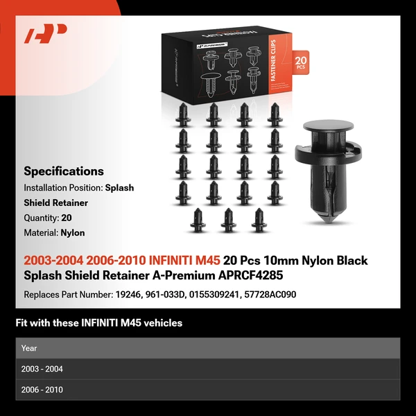 2003-2004 2006-2010 INFINITI M45 20 Pcs 10mm Nylon Black Splash Shield Retainer A-Premium APRCF4285