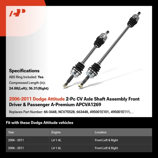 2006-2011 Dodge Attitude 2-Pc CV Axle Shaft Assembly Front Driver & Passenger A-Premium APCVA1269