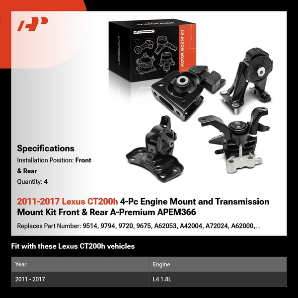 2011-2017 Lexus CT200h 4-Pc Engine Mount and Transmission Mount Kit Front & Rear A-Premium APEM366