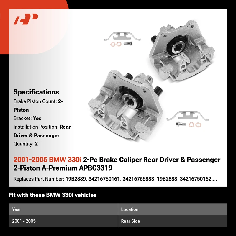 2001-2005 BMW 330i 2-Pc Brake Caliper Rear Driver & Passenger 2-Piston A-Premium APBC3319