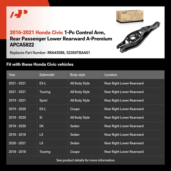 2016-2021 Honda Civic 1-Pc Control Arm, Rear Passenger Lower Rearward A-Premium APCA5822