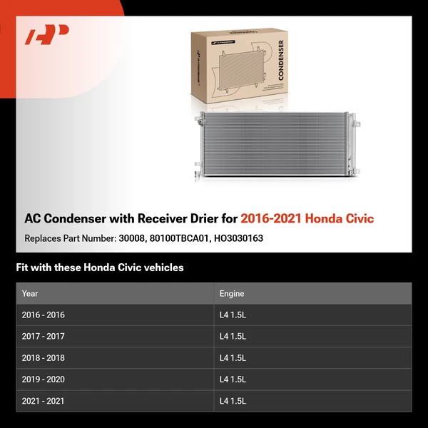 AC Condenser with Receiver Drier for 2016-2021 Honda Civic