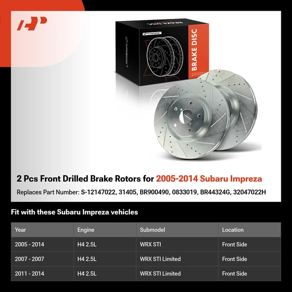 2 Pcs Front Drilled Brake Rotors for 2005-2014 Subaru Impreza