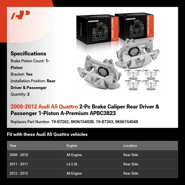 2008-2012 Audi A5 Quattro 2-Pc Brake Caliper Rear Driver & Passenger 1-Piston A-Premium APBC3823