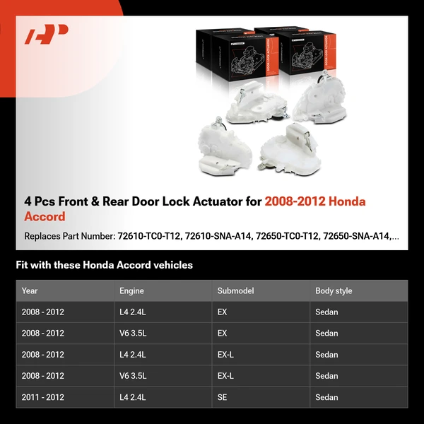 4 Pcs Front & Rear Door Lock Actuator for 2008-2012 Honda Accord