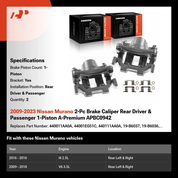 2009-2023 Nissan Murano 2-Pc Brake Caliper Rear Driver & Passenger 1-Piston A-Premium APBC0942