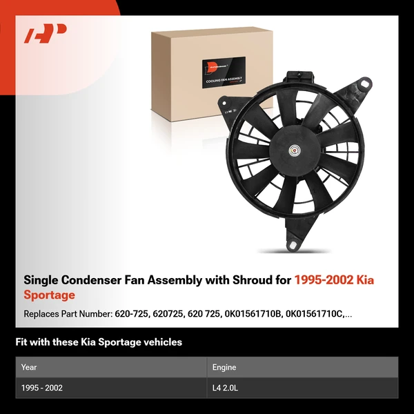Single Condenser Fan Assembly with Shroud for 1995-2002 Kia Sportage