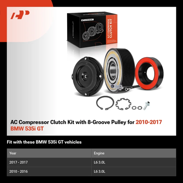 AC Compressor Clutch Kit with 8-Groove Pulley for 2010-2017 BMW 535i GT