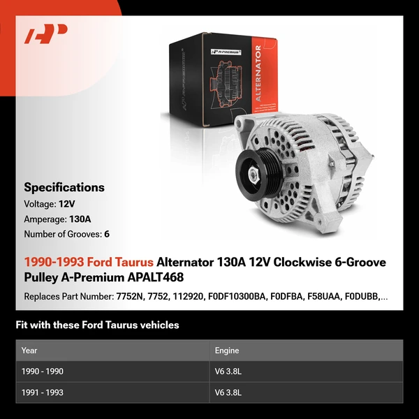1990-1993 Ford Taurus Alternator 130A 12V Clockwise 6-Groove Pulley A-Premium APALT468