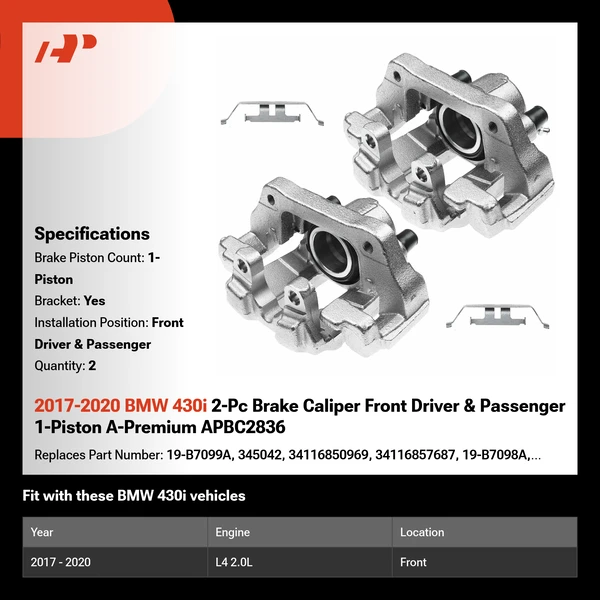 2017-2020 BMW 430i 2-Pc Brake Caliper Front Driver & Passenger 1-Piston A-Premium APBC2836