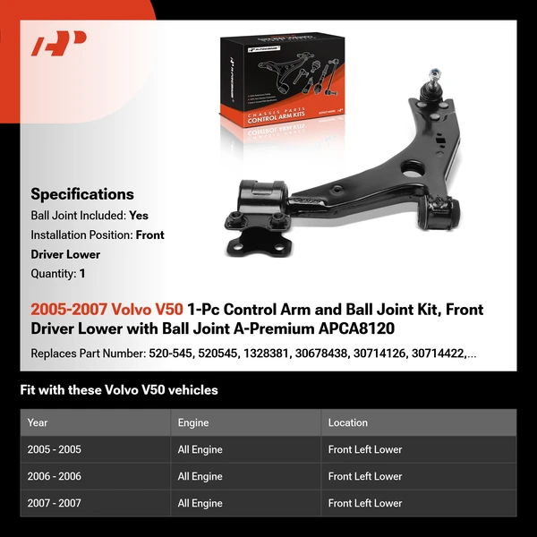 2005-2007 Volvo V50 1-Pc Control Arm and Ball Joint Kit, Front Driver Lower with Ball Joint A-Premium APCA8120
