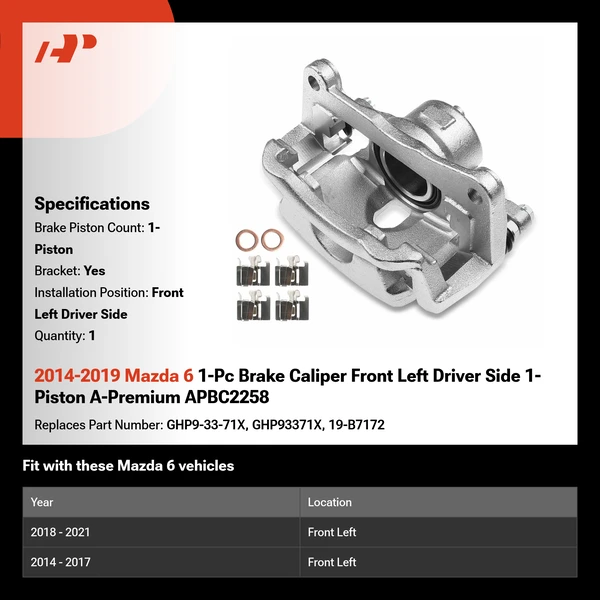 2014-2019 Mazda 6 1-Pc Brake Caliper Front Left Driver Side 1-Piston A-Premium APBC2258